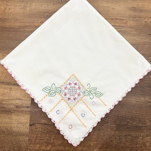 Vintage Hand Embroidered Square Tablecloth, Vintage Dresser Scarf Vintage Linen - Picture 1 of 6